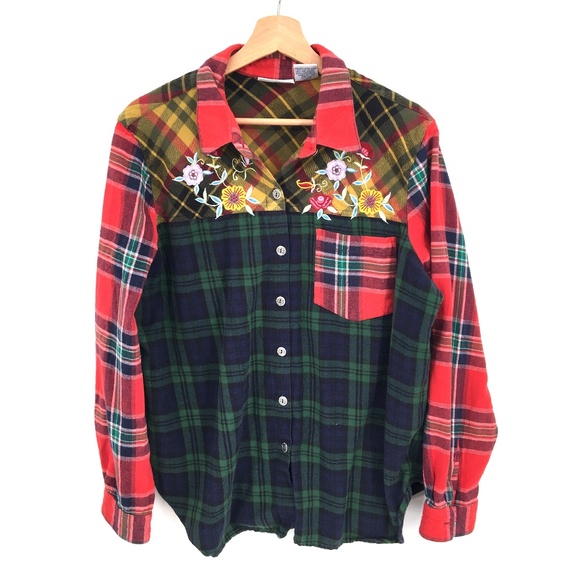Vintage Tops - VTG Blair grunge Flannel Shirt top Plaid Floral Embroidery 90s Y2K L womens